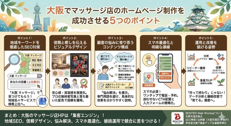 大阪のマッサージ店集客を成功させる！費用対効果の高いホームページ制作・運用の5つの鍵
