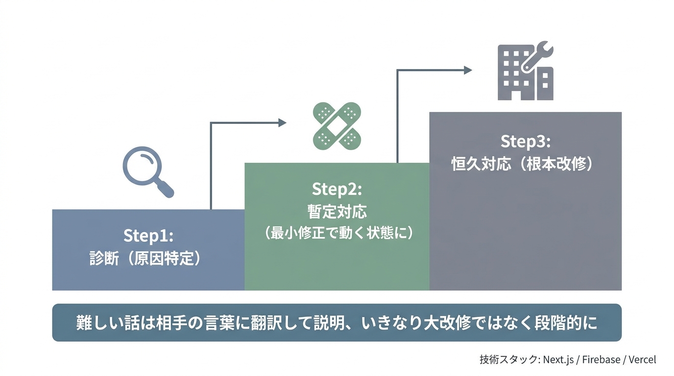 診断→暫定対応→恒久対応の段階対応フロー
