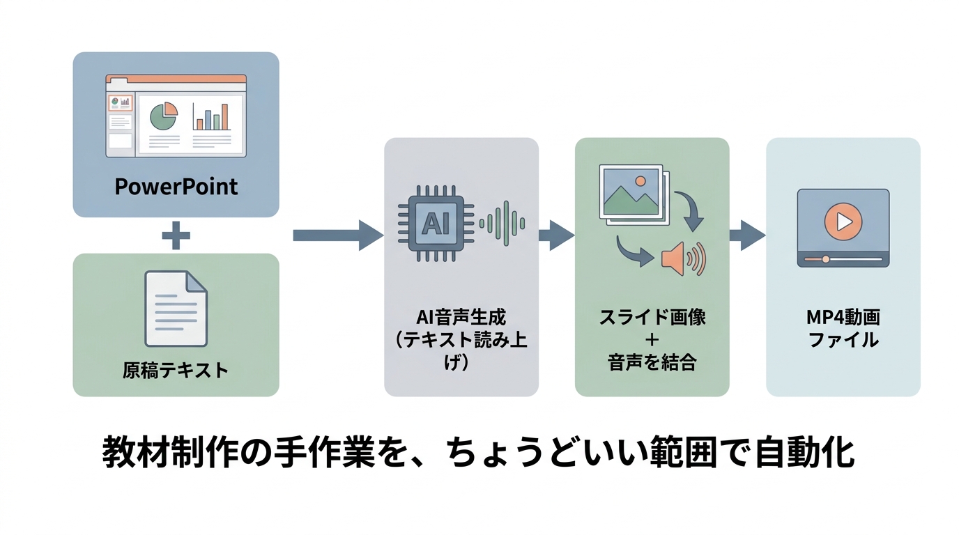 PowerPoint+原稿→AI音声生成→スライド画像と音声を結合→MP4動画