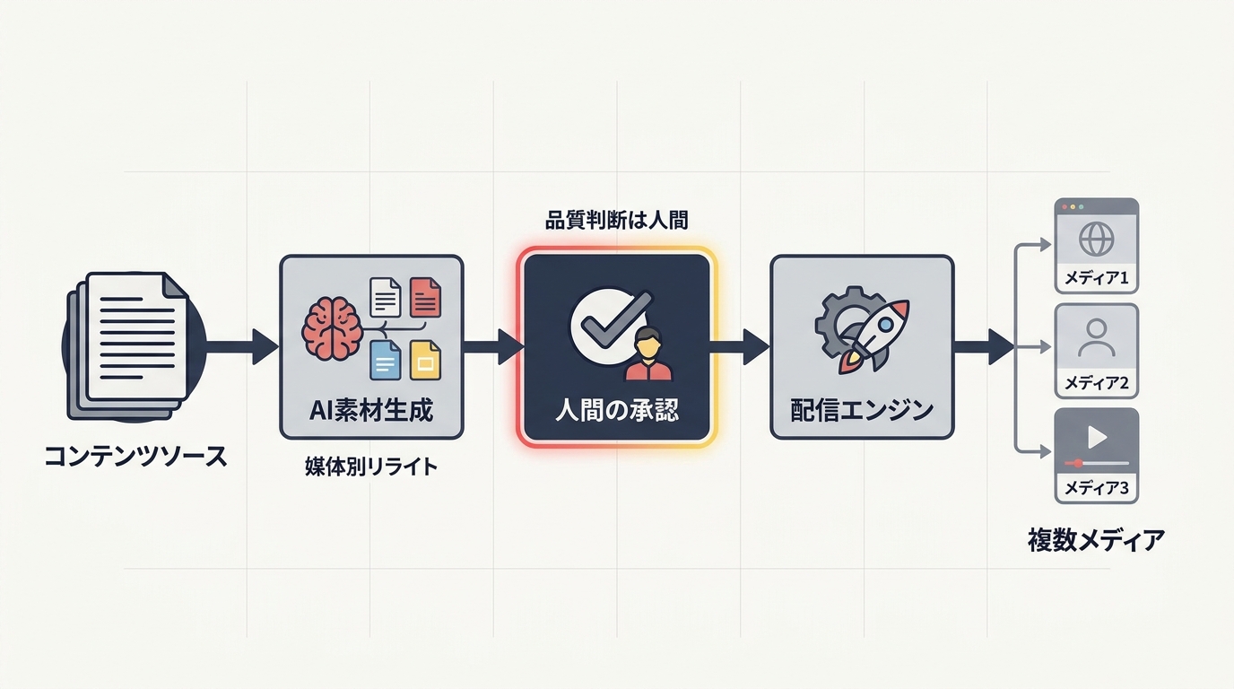 コンテンツソース→AI素材生成→人間の承認→配信エンジン→複数メディアの半自動化パイプライン