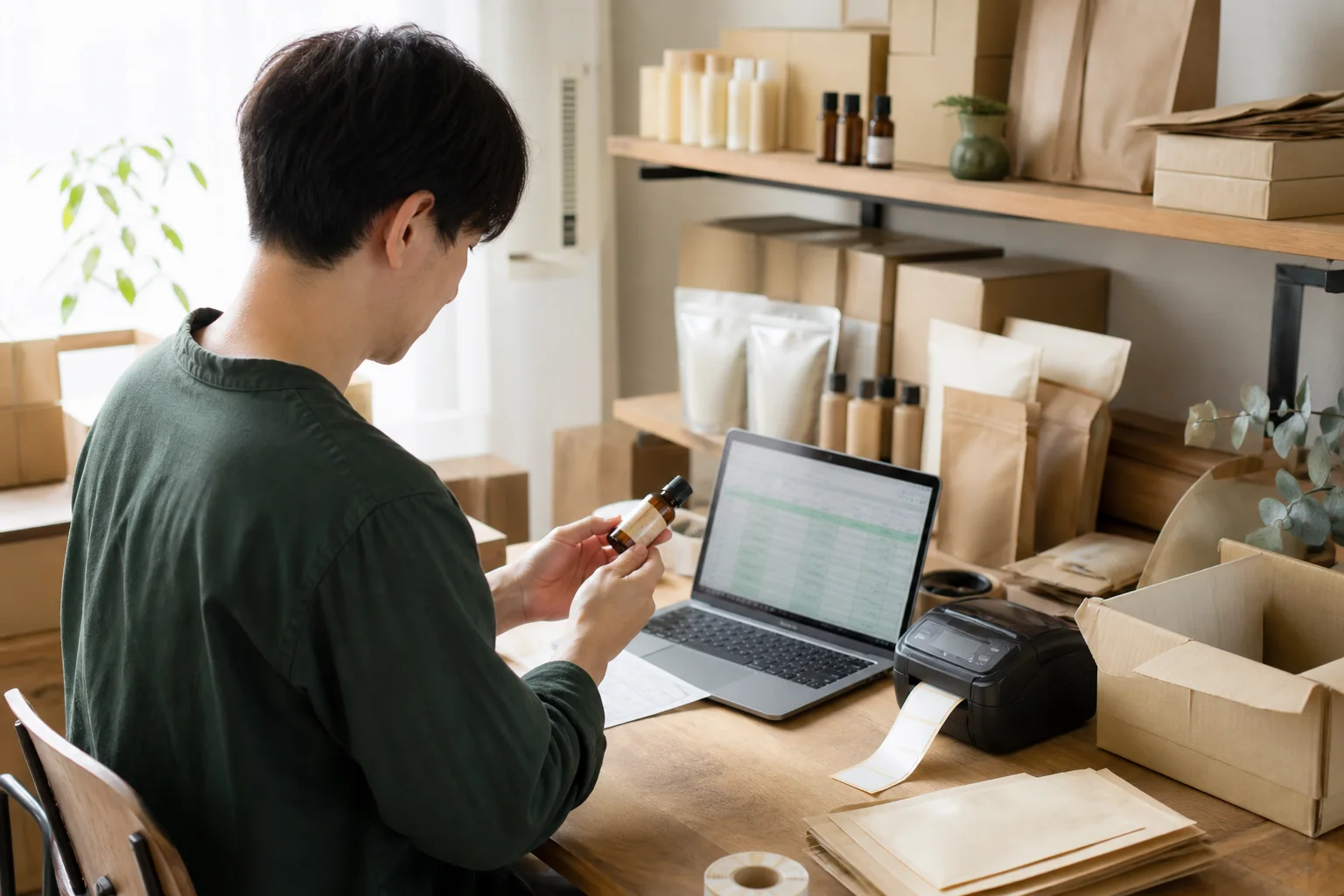 小規模な商品保管スペースで商品と管理表を確認するEC担当者