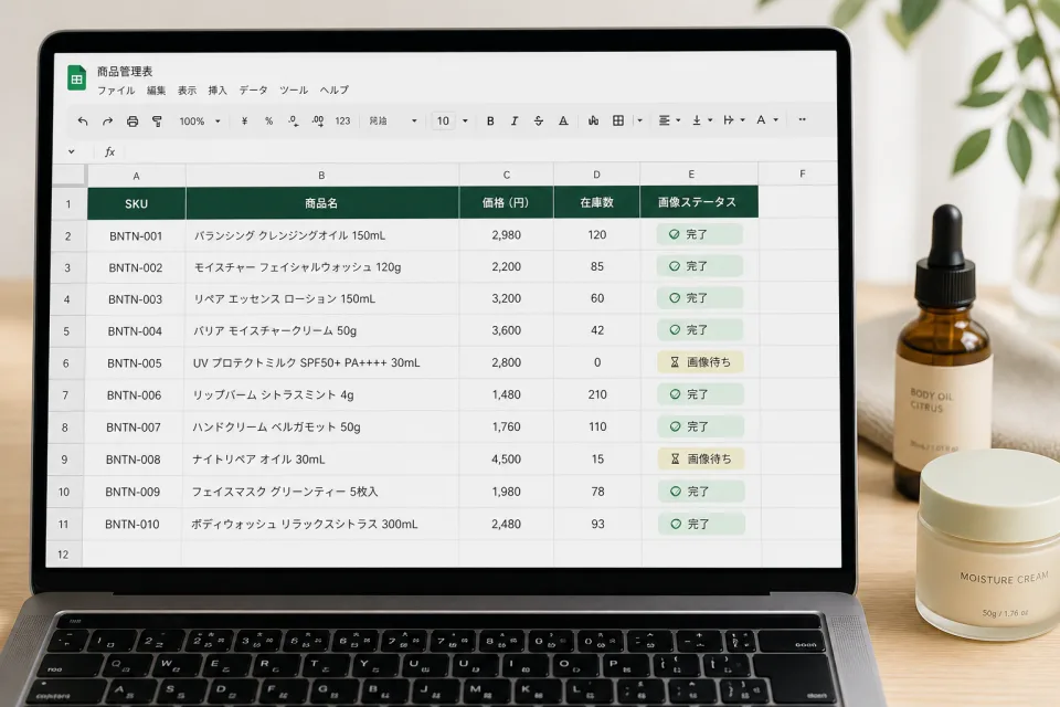 商品一覧を整理する架空のExcel画面とボディオイル、フェイスクリーム