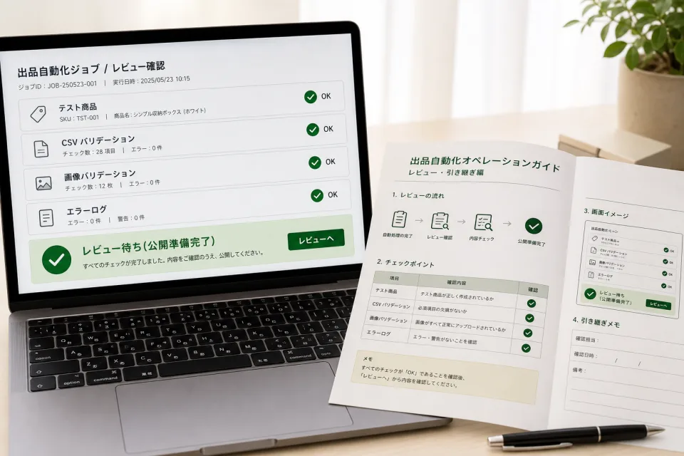 自動処理のテスト結果を確認する画面と引き継ぎ用の操作手順書