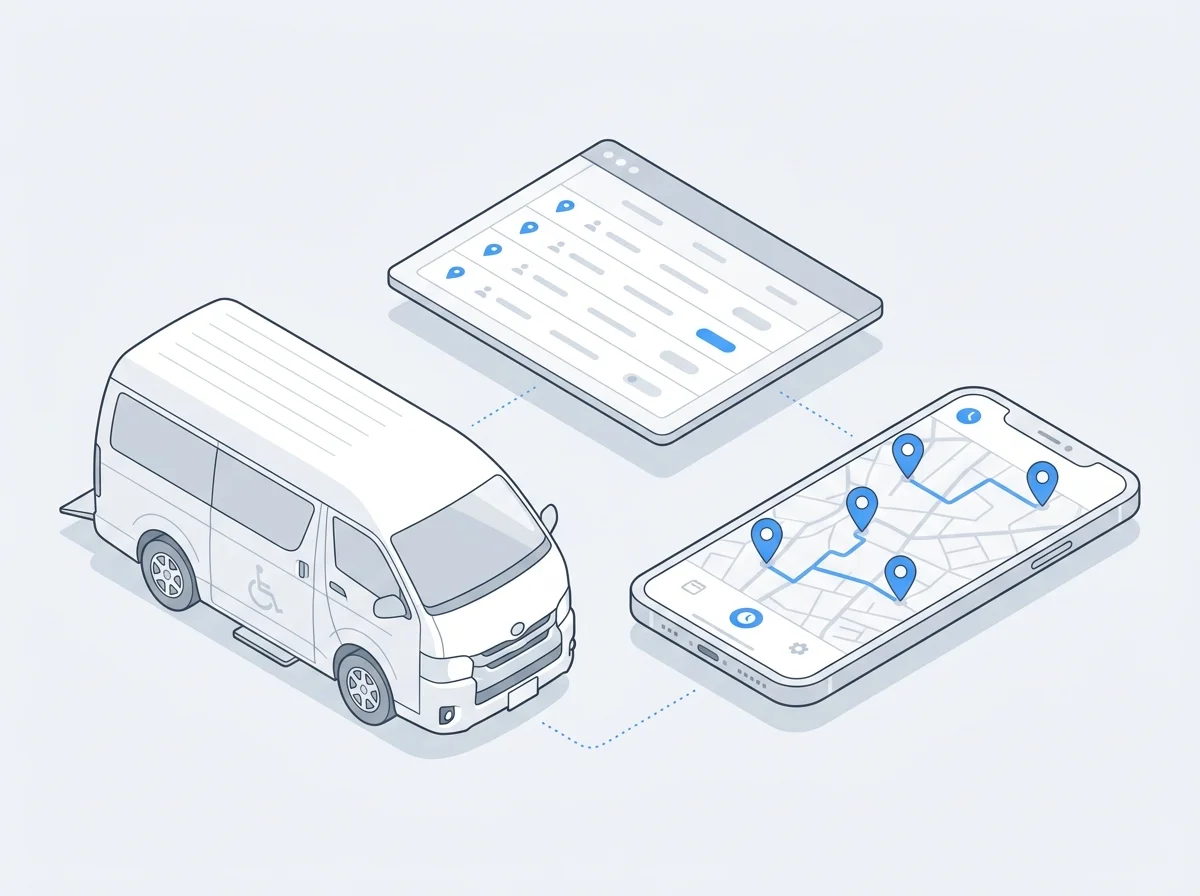 介護送迎業務の自動化イメージ：送迎車・スマホのルートマップ・ダッシュボードがデータ連携している様子